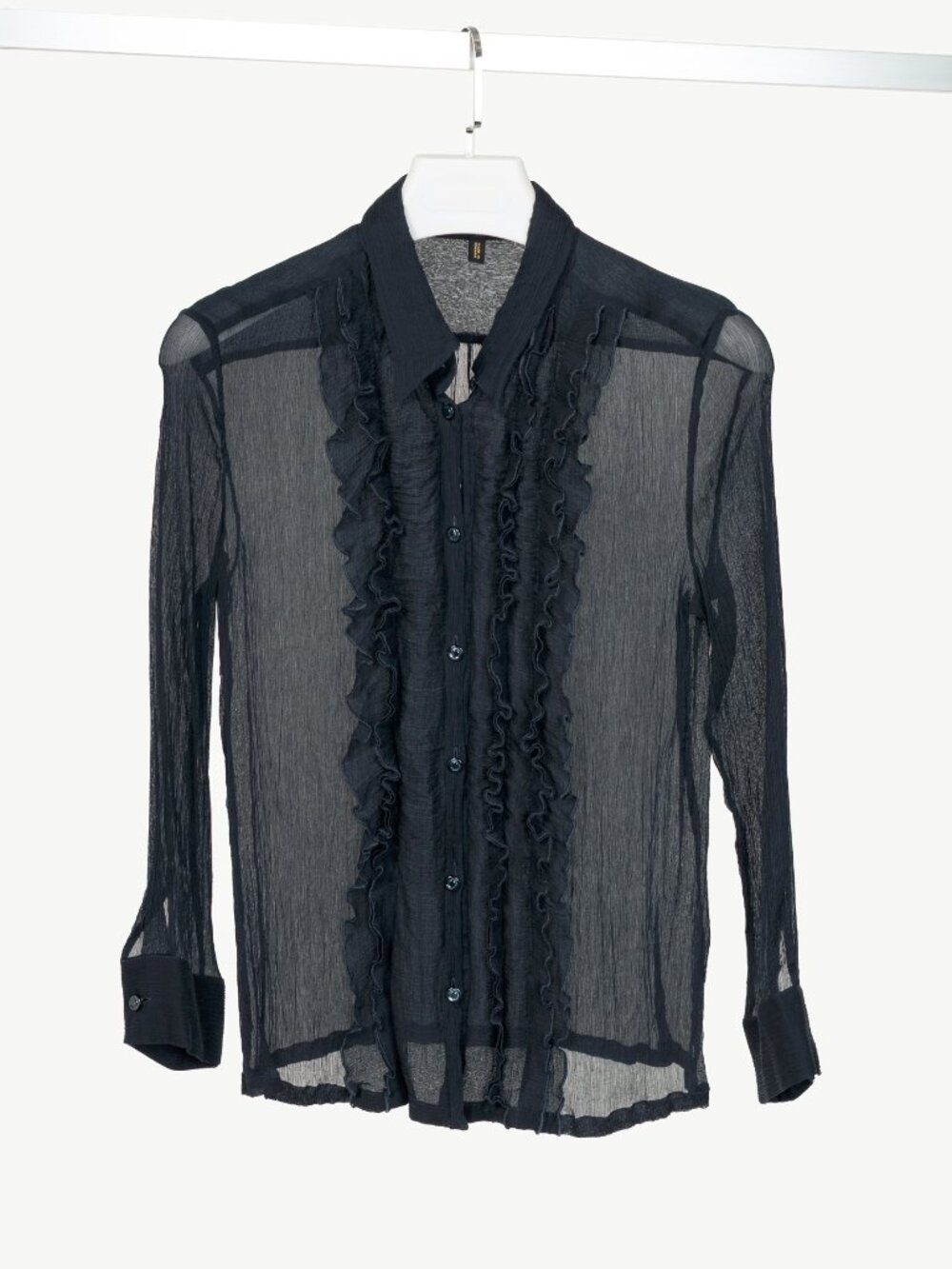 Escada Navy Silk Crepe Ruffle Buttoned Blouse